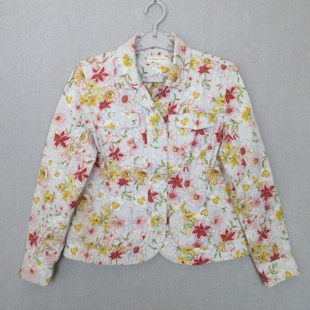Coldwater Creek Jacket Womens 10 Floral Cotton Long Sleeve Button Front White